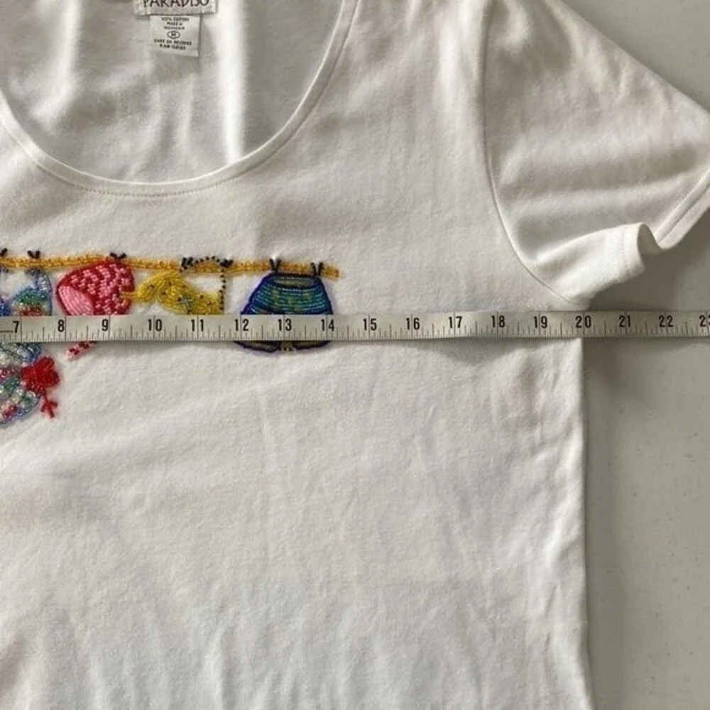 PARADISO Clothes Line Beaded Short Sleeve Cropped Tee Top Cotton Scoop Neck Cute - Picture 6 of 11